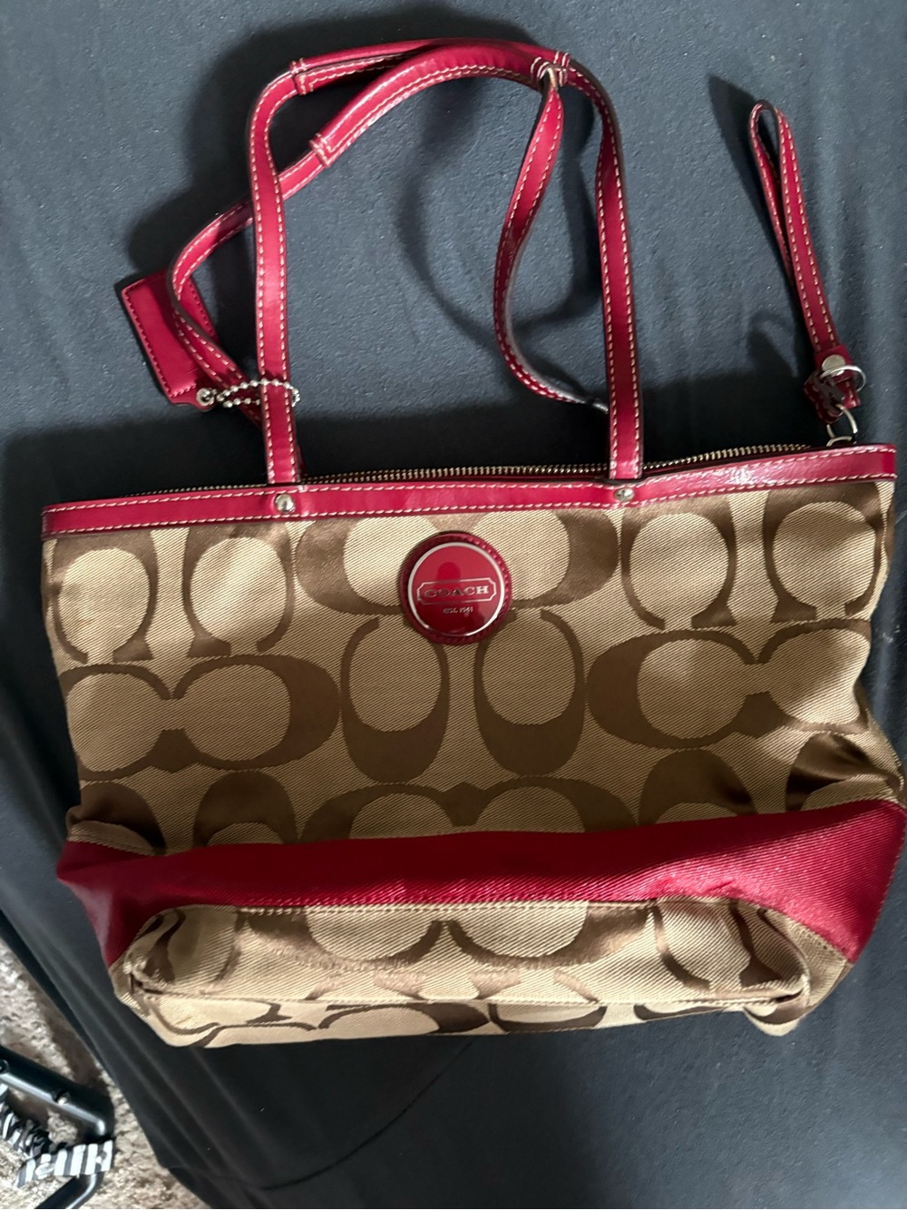 Coach Tan Signature Canvas Tote with Red Leather Trim
